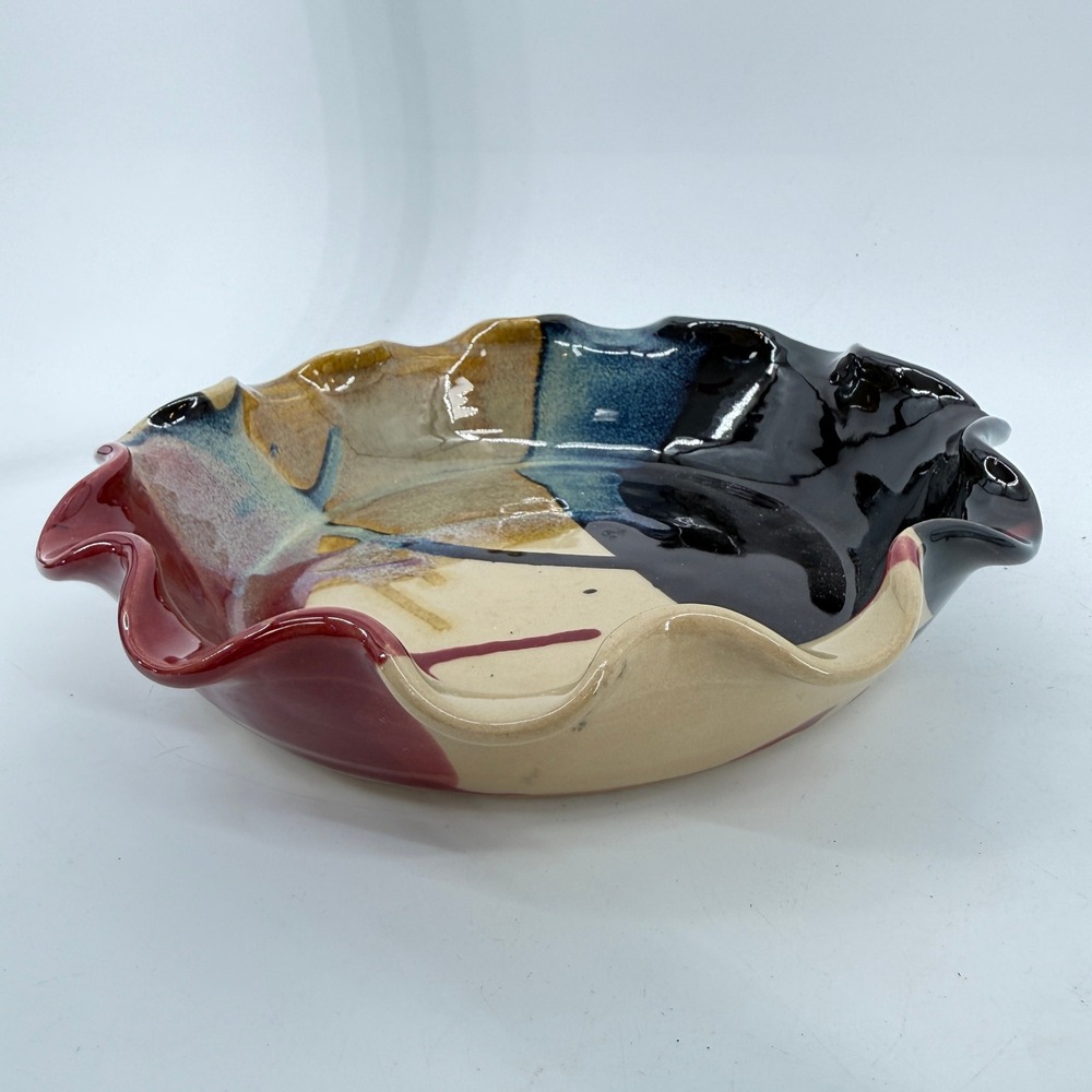 J&S Beaumont Pottery Bowl 9" Multicolor Abstract Ruffled Rim Ceramic Pie Pan - Picture 1 of 16